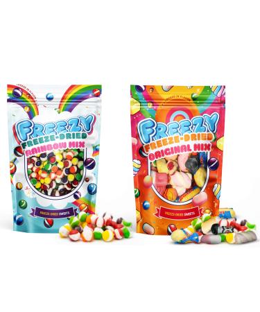 FREEZY FREEZE-DRIED Freezy Freeze Dried Candy Bundle Pack of 2 (Rainbow Mix + Original Mix) 240 g Colourful Rainbow Bites Original Skittles Sour American Crunchy Sweet Squishes Fruittella Blue Jacks & Marshmallow