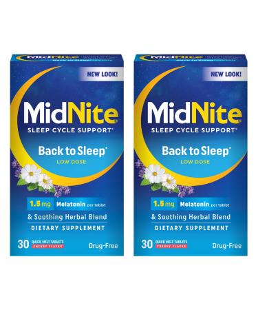 MidNite Back To Sleep Low Dose 1.5 mg Melatonin Sleep Aid Non-habit Forming Herbal Dietary Supplement For Adults Drug-free Gluten-free Lactose-free Vegetarian Vegan 30 Quick Melt Tablets 2 ct 30 Count (Pack of 2)