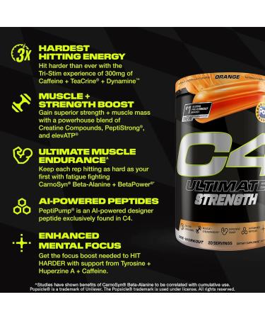Cellucor C4 Ultimate Strength Pre Workout Powder - Tri-Stim Experience 300mg Caffeine+TeaCrine+Dynamine - Creatine & Beta-Alanine - Energy Supplement for Men & Women - Orange Popsicle, 20 Servings Orange Popsicle 1.27 Pound  - Buy Online on GoSupps.com