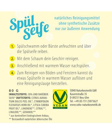 Soho Natural Cosmetics Rinsing Soap 80g | Lemon-Scented Biodegradable Dish Soap | Palm Oil-Free & Vegan Solid Detergent - Buy Online on GoSupps.com