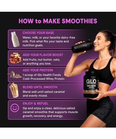 GLO Health Foods Cold-Processed Whey Protein - Salted Caramel Flavor - 24g Protein per Serving - Whey with Digestive Enzymes & BCAAs - Supports Muscle Growth, Strength & Recovery - 2 LB (28 Servings) - Buy Online on GoSupps.com