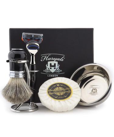 Haryali London Men's Shaving Set with 5 Razors Badger Hair Shaving Brush Stand Soap and Bowl Black
