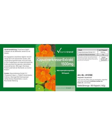 Nasturtium Extract 1500mg - 180 Vegan Capsules | 3-Month Supply | 10x Concentrated | Vitamintrend | International Shipping Available - Buy Online on GoSupps.com