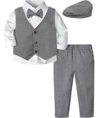 mintgreen Baby Boys Herringbone Tweed Suit Set 4pcs Wedding Outfit Shirt + Trousers + Waistcoat + Cap 1-4 Years Darkgray 12-18 Months