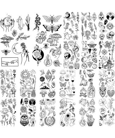 20 Sheets Black Tiny Temporary Tattoo, Hands Face Tattoo Sticker for Men Women, Flower Space Moon Snake Designs Body Art on Arm Neck Shoulder Clavicle Waterproof Pattern A