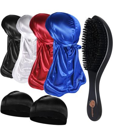 4+2 Silky Durags with Wave Brush for Men 360  Curved Medium/Hard Hair Brush Kits A Set A-Black  Red  Royal Blue  White+ Brush