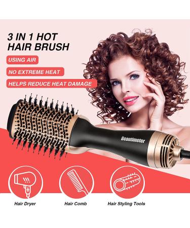 Beautimeter 3-in-1 Hot Air Brush & Hair Dryer - Ionic Volumizer for Straightening & Curling, 1000W - Black & Gold - Buy Online on GoSupps.com