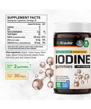 BIO KRAUTER Iodine Gummies - 60 Vegan Chews - 250 mcg Potassium Iodide - Iodine Supplement with Selenium Zink - Apple Flavor Pectin-Based Chews - Buy Online on GoSupps.com
