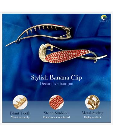 Sanas Banana Clip Metal Hair Clips Rhinestone French Barrette Korean Hair Accessories for Women 1 Pc (Diamond - Red) - Buy Online on GoSupps.com