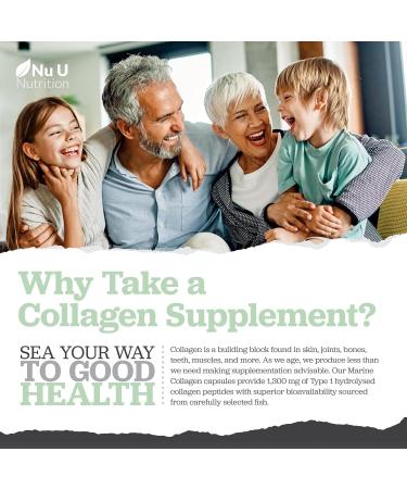 Marine Collagen with Hyaluronic Acid Vitamin C - 90 Hydrolyzed Capsules (not Tablets) - Premium High Strength Collagen Supplements for Women & Men - Type 1 Marine Collagen - Nu U Nutrition - Buy Online on GoSupps.com