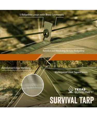 Texas Bushcraft Emergency Camping Tarp 10x10 - Waterproof Shelter for Backpacking and Hiking | 70D Ripstop Nylon Survival Tarp with Reflective Aluminized Polymer - Buy Online on GoSupps.com