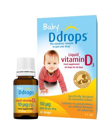 Baby Ddrops 10 g 60 Drops - Daily Vitamin D3 Supplement for Infants and Young Children - Supports Teeth & Bone Health - No Preservatives No Taste Non-GMO Allergy-Friendly.