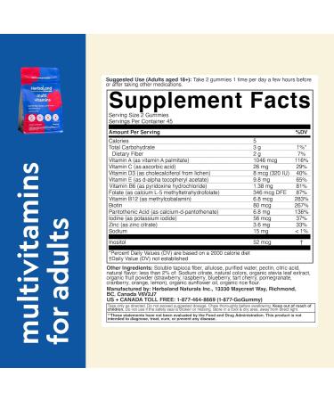Herbaland Vegan Multivitamins Gummies for Adults - 90 Count Sugar-Free Organic Supplement with 13 Essential Vitamins - Vitamin A, C, D3, E, B6, B12, Zinc - Mixed Berry Flavor - Buy Online on GoSupps.com