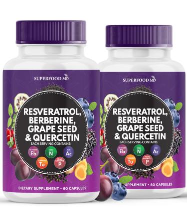 Resveratrol Berberine Grape Seed Extract Quercetin - Polyphenol Supplement with Noni Extract N-Acetyl Cysteine Acai Extract - Made in The USA - 120 Capsules 120 Capsules (Pack of 2)