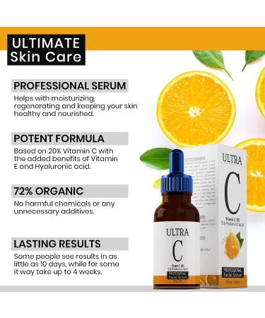 ULTRA Vitamin C & Hyaluronic Acid Face Serum - Hydrating Anti-Aging Serum with 20% Vitamin C for Reduction of Wrinkles, Fine Lines, and Dark Spots - Buy Online on GoSupps.com