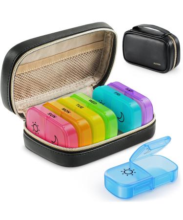 AUVON Weekly Pill Organizer 2 Times a Day with PU Leather Bag Travel AM PM Pill Box 7 Day with One-Side Large Opening Design for Easy Filling Portable Pill Case for Vitamins Medication Supplements