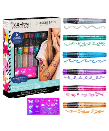 Fashion Angels Sparkle Tats Body Art Set - Temporary Tattoo Pens, Washable & Shimmery Tattoo Body Ink, 6 Tattoo Body Markers Set with Stencil Stickers for Kids 8+, Multi (12674)