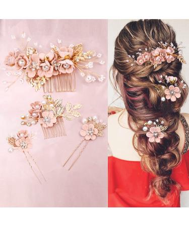 4 Pieces Pink Bridal Flower Wedding Hair Pins Crystal Pearl Hair Pins Clips Headpiece Gold Wedding Hair Accessories Jewelry with Rhinestone for Brides Bridesmaids Women Girls Updo