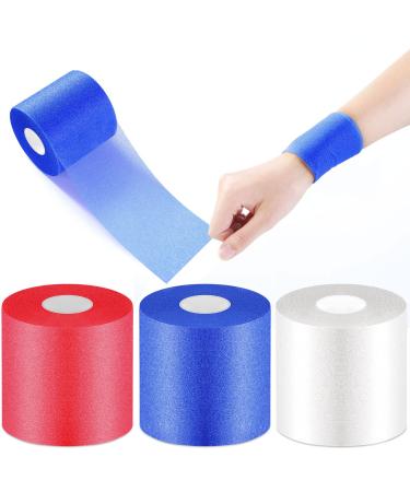 3 Rolls Foam Underwrap Athletic Foam Tape Sports Pre-wrap Tape Foam Underwrap Bandage for Wrists Elbows Knees Ankles  2.76 Inches x 30 Yards (White  Blue  Red)
