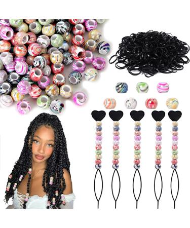 405Pcs Pony Beads Kit for Hair Braids for Women Girls Including 200 Pcs Plastic Pony Beads 10x12 mm 200 Pcs Mini Rubber Bands Soft Elastic Bands 5 Pcs Quick Beader for Women Girls Hair Braids Color