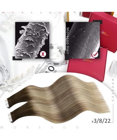 Moresoo 20 Inch Tape in Human Hair Extensions Balayage Brown to Chestnut Brown/Medium Blonde #3/8/22 - 20 Pieces/50g - Real Hair Extensions - Buy Online on GoSupps.com