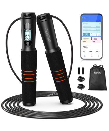 RENPHO Smart Jump Rope, High-Speed Jump Rope, Fitness Skipping Rope with APP Data Analysis, Light Weight Speed Rope, Easy to Use for Beginners Men Women Crossfit Gym Home Workout Exercise 01-Black Steel wire rope 1 pc