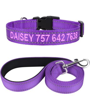 Tagme dog collar and leash personalized reflective dog collar with 1.5m double -sided reflective dog leash for large dogs purple XL (1 Pack) purple set