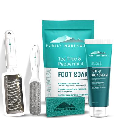 5 Piece Professional Pedicure Set-Softens & Removes Hard Callused Skin Naturally-Includes: Surgical Steel Oversized File Rasp-Finishing File-Foot Scrubber-Tea Tree Epsom Salt Foot Soak & Foot Cream