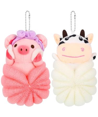 Vesici 2 Pcs Bath Sponge Kids Body Shower Loofah Cute Animal Cartoon Colorful Baby Pouf Mesh for Toddler Children Adults Gifts Washing Exfoliating Pig and Cow 1 count Pig Cow