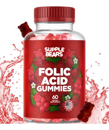Supplebears Folic Acid Gummies 400mcg - Essential Prenatal & Pregnancy Gummy for Women, Moms & Baby to Be - 60 Raspberry Flavored Folate Gummy Vitamins - Made in The USA