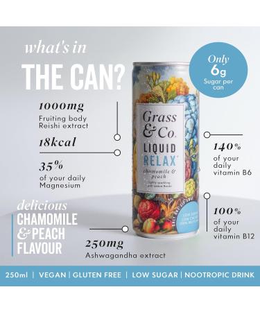  Grass & Co. Grass & Co. Nootropics Drinks with magnesium ashwagandha vitamin B12 vitamin B6 Reishi mushroom and more | Liquid relaxation | Chamomile and peach | Lightly sparkling | Vegan | - Buy Online on GoSupps.com