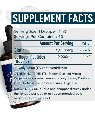 Windsor Botanicals Liquid Collagen Peptides Supplement - Hair Skin Nail Joints Support - 10,000mcg Collagen 5,000mcg Biotin - Lemon Flavor - 2oz - 2-Month Supply - Buy Online on GoSupps.com