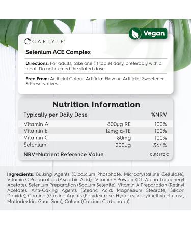 Selenium ACE 200mcg | with Vitamin A C and E | 180 Vegan Tablets | High Strength Selenium Supplement | Essential Trace Mineral | Carlyle - Buy Online on GoSupps.com