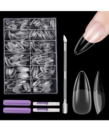 EARLMONI 432 pieces Almond Nail Tips - Full Coverage Soft Gel Nail Tips Set Prepolished Artificial Nail Tips Set with Glue Nail File Cuticle Pusher 12 Sizes Medium Almond Nail Tips