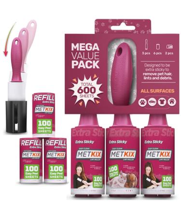 Metkix Lint Rollers for Pet Hair Extra Sticky | Protective Covers | Mega 600 Sheets Lint Roller Dog Cat Pet Hair Remover Clothes Sofa Bed and More 3 Rollers + 3 Refills (Total 600 Sheets)