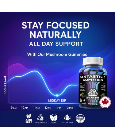 Pacific Rim Mushrooms Fantastic 5 Organic Mushroom Gummies 12 500 mg Lion s Mane Reishi Cordyceps Turkey Tail & Chaga Natural BlackBerry 60 Gummies - Buy Online on GoSupps.com