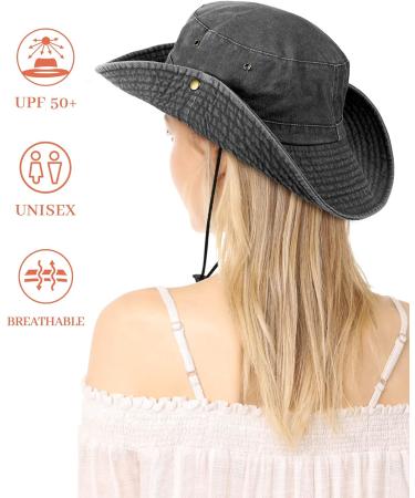Packable Wide Brim Bucket Sun Hat UPF 50 for Women Men - Black Cowboy Outdoor Safari Boonie Cap - Buy Online on GoSupps.com