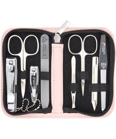 Three swords - 8 pcs.Manicure set 'Roma' |High -quality nail care set in the synthetic leather etui pink |Contents: nail scissors set foot & nail clips tweezers glass nail files sapphire nail file pink / synthetic leather