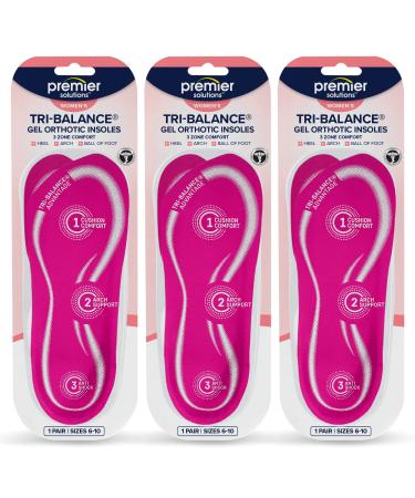 Premier Solutions Tri-Balance Gel Orthotic Insoles for Women 3/4 Length Insoles for Women s Shoe Sizes 6-10 (Pack of 3)