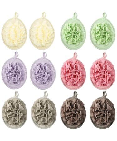 12 Pieces Shower Puff Bath Travel Loofah with Elastic Hand Strap Exfoliating Washable Loofah Mesh Pouf Sponges Bath Hand Loofah Flower Ball Loofah Pad Large Body Shower Scrubber for Men and Women