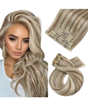 Moresoo clip in Extensions real hair blonde real hair extensions clips light brown with blond remy invisible hair extension real hair clip double brawn smooth hair 120g 40cm 7pcs full of head #9a/60 40 cm #p9a/60
