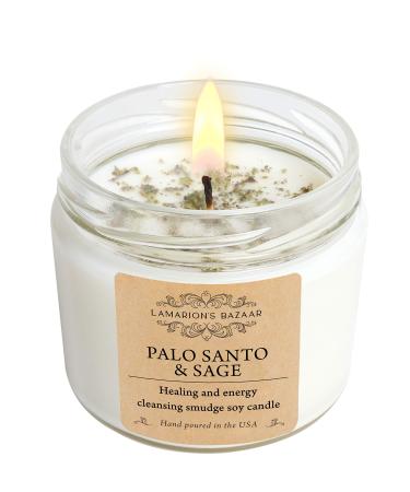 Palo Santo & Sage - Smudge Soy Candle with Natural Crushed Sage Leafs for Healing & Energy Cleansing - Large Soy Candle in a Kraft Box