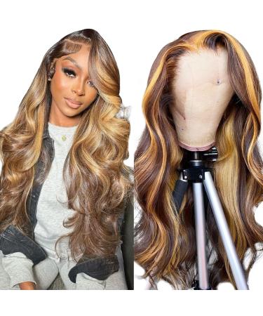 Highlight Ombre Lace Front Wig Human Hair Pre Plucked 13x4 HD Transparent 4/27 Colored Honey Blonde Lace Frontal Wigs For Black Women with Baby Hair 180% Density Body Wave Lace Front Wig (20 Inch)