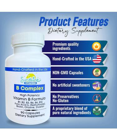 Sunshine Vitamins B Complex 90 Capsules Supports Energy Metabolism Brain Immune & Nervous System Health Non-GMO No Soy Gluten Dairy - Buy Online on GoSupps.com