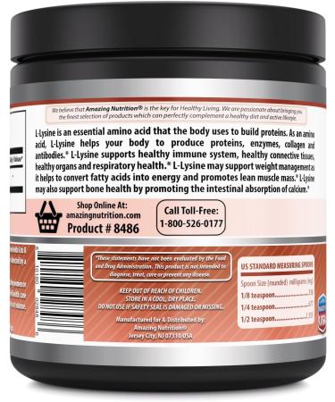 Amazing Formulas L-Lysine Amino Acid Vitamin Supplement (Non-GMO Gluten Free) - Immune Support Respiratory Health & More (Powder 500 Grams) - Buy Online on GoSupps.com