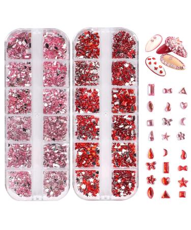 Nail Gems 2 Plates Rhinestones for Nail Art 2 Colors 12 Grids Different Shape 3D Nail Art Gems with Rhinestone Picker Dotting Pen for Professionals Beginners Nails Salon Clothes Style 1 Nail Gems red + as shown