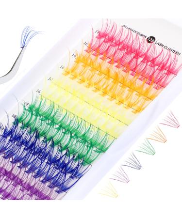 WLLHYF Lash Extension Kit 120 Pcs DIY Lash Clusters Individual 14mm 16mm Mixed Soft False Eyelashes Rainbow Colorful Cluster Lashes Reusable Fluffy Lash for Women