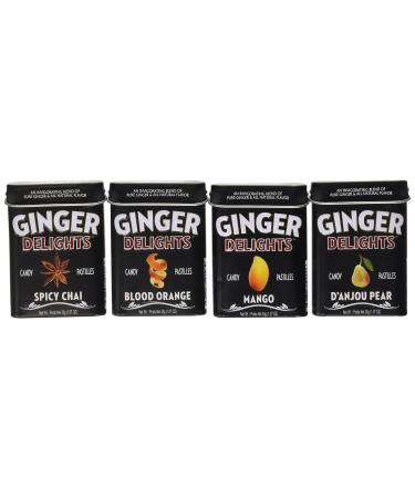 Big Sky Ginger Delights - Spiced Chai, Blood Orange, Mango, and D'Anjou Pear - Variety 4 Pack - Naturally Flavored Ginger Mints in Resealable Metal Tin