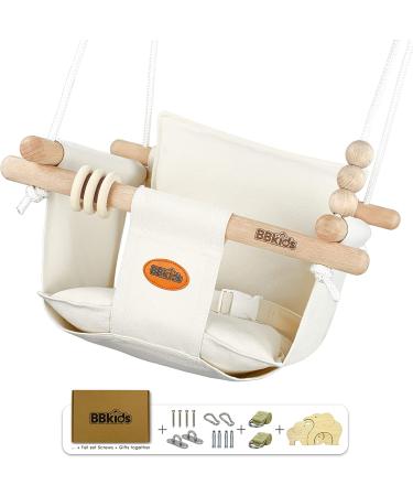 BBkids Canvas Baby Swing with Safety Belt - Indoor/Outdoor Wooden Hammock Hanging Seat Chair for Kids, Cream - Buy Online on GoSupps.com
