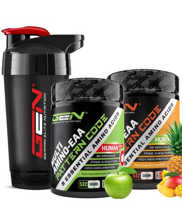 2x EAA powder + premium shaker - Green Apple + Mango pineapple - Human code formula - All 8 essential amino acids - Amino workout drink - Delicious taste - vegan (2x - 532 g) Shaker + Green Apple + mango Ananas 532 G (2 -pack) +shaker